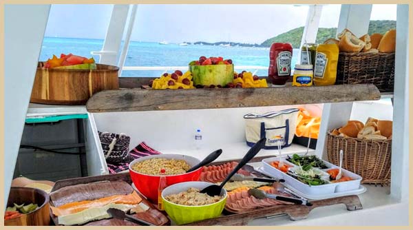 Snack bar with fresh fruit, cold cots and cold drinks