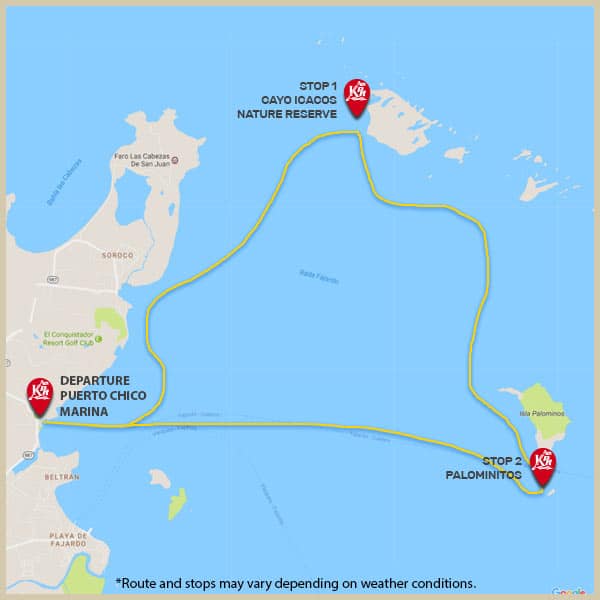 Map of departure point and stops for mini boat tour